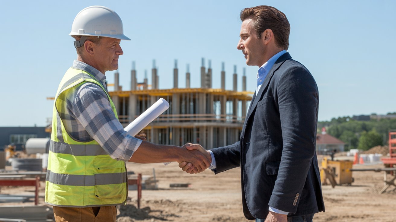 Two men shaking hands at a construction site, symbolizing a successful partnership or agreement in a building project.

