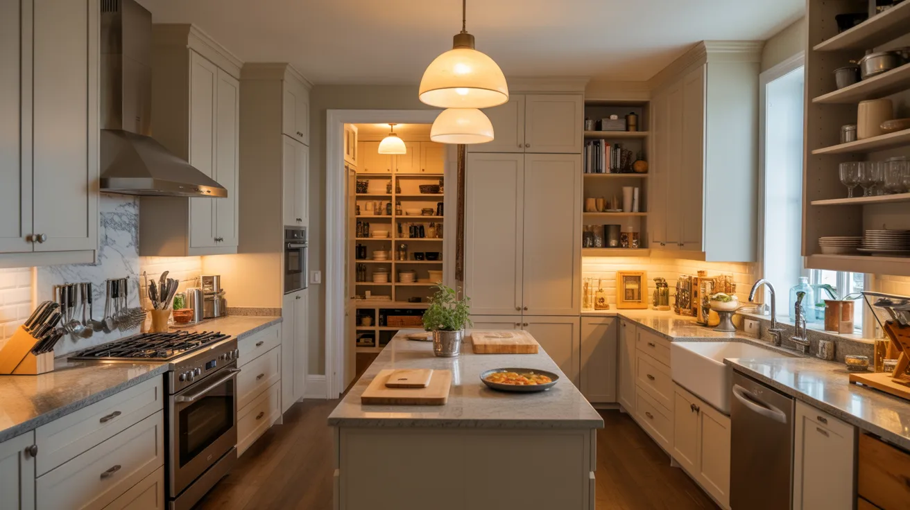 A modern kitchen featuring a long island with a sink, surrounded by cabinetry and appliances.