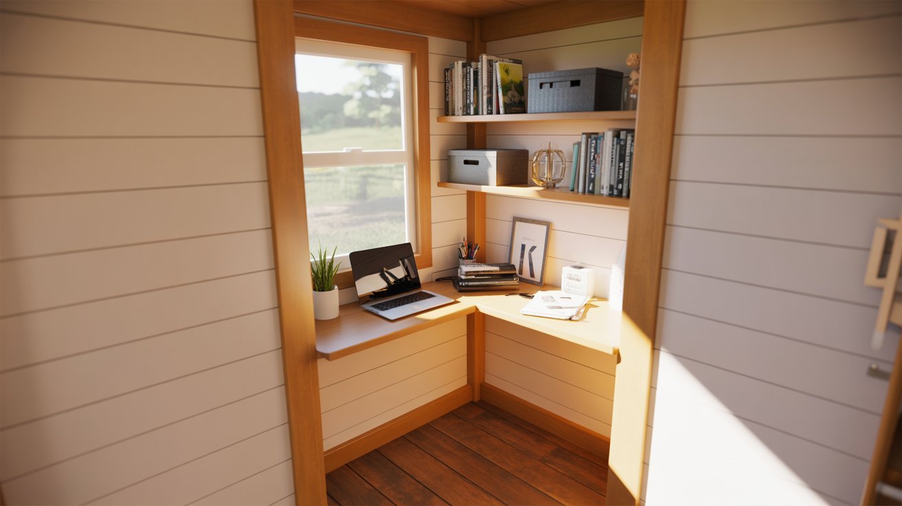 A small home office setup with a desk and a bookshelf, creating a functional work environment.