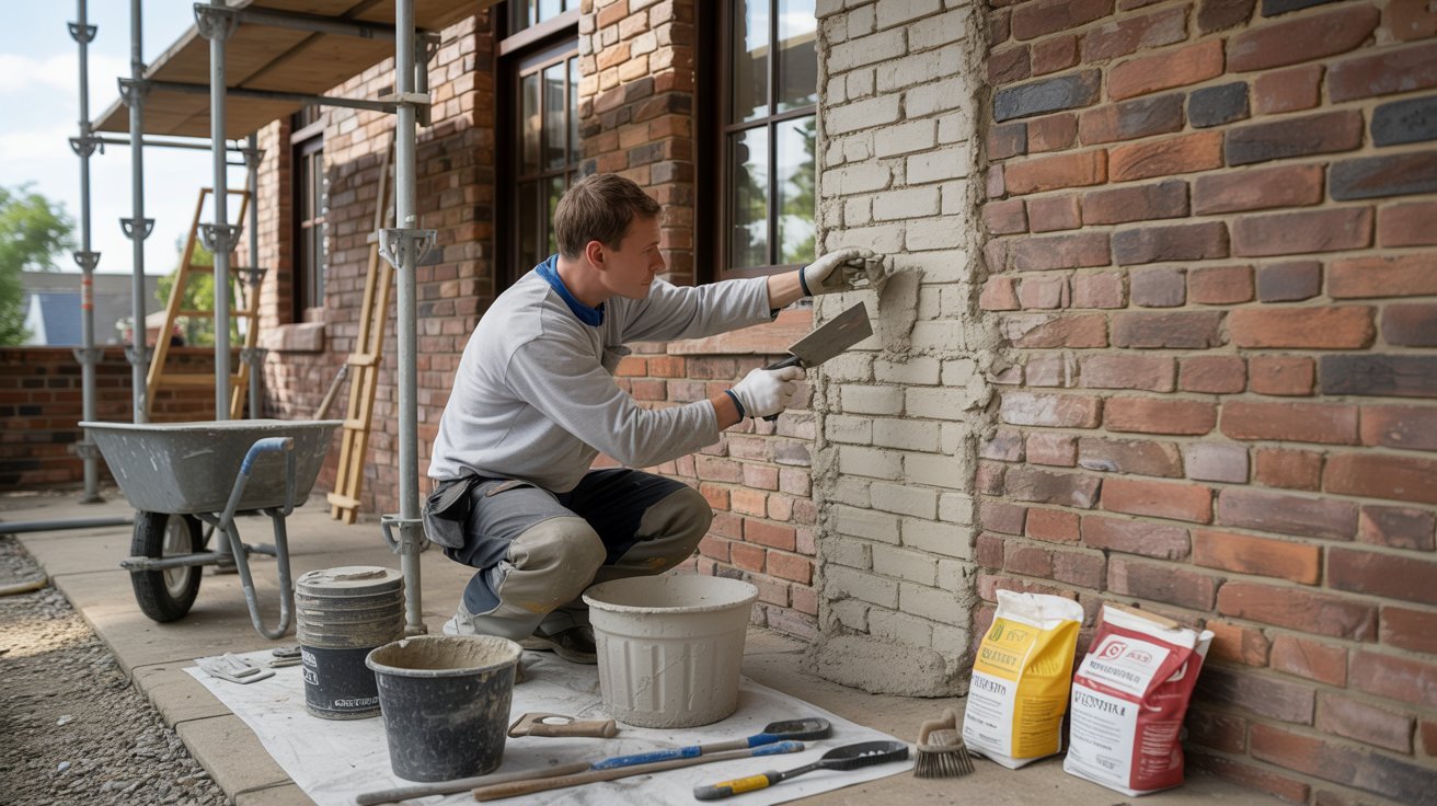 A man is constructing a brick wall, carefully placing each brick in position for stability and strength.
