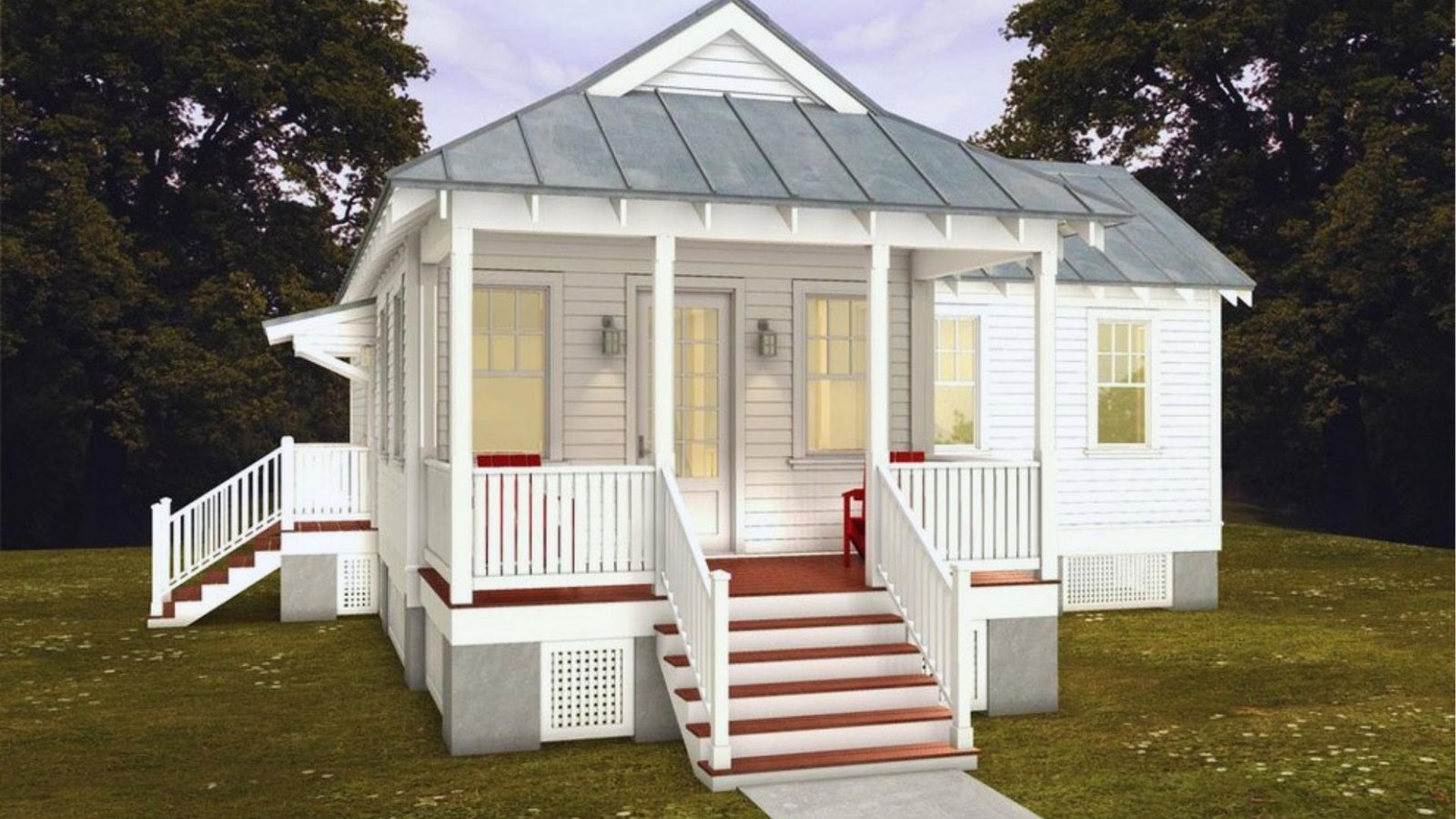  small white house featuring a porch and stairs, set against a clear blue sky.