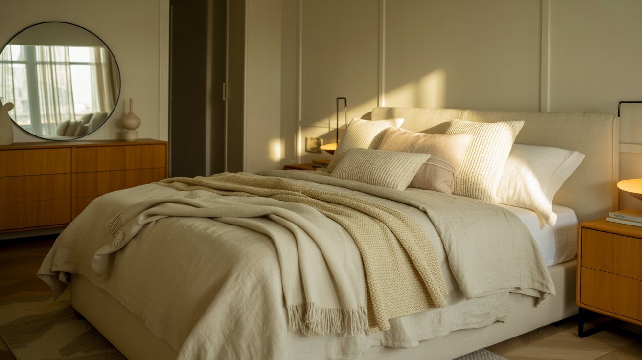 A cozy bedroom featuring a bed, a mirror, and a nightstand, creating a warm and inviting atmosphere.
