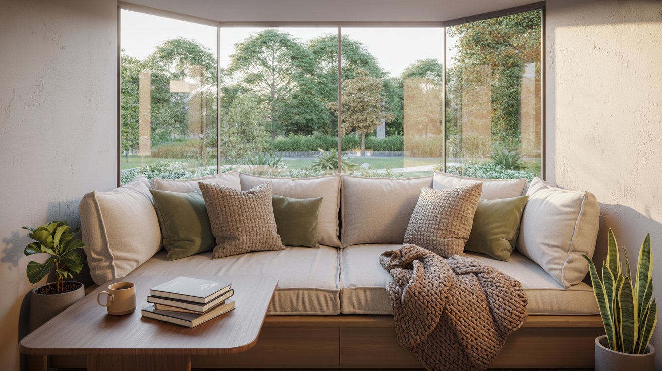  A cozy couch positioned in front of a window, accompanied by a table and decorative plants.