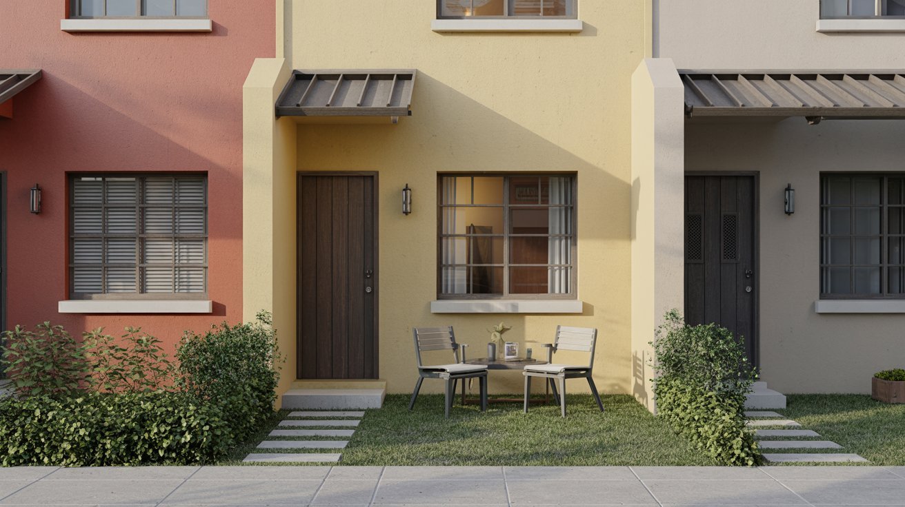 A row of vibrant townhouses featuring a patio with a table, showcasing a charming residential setting.