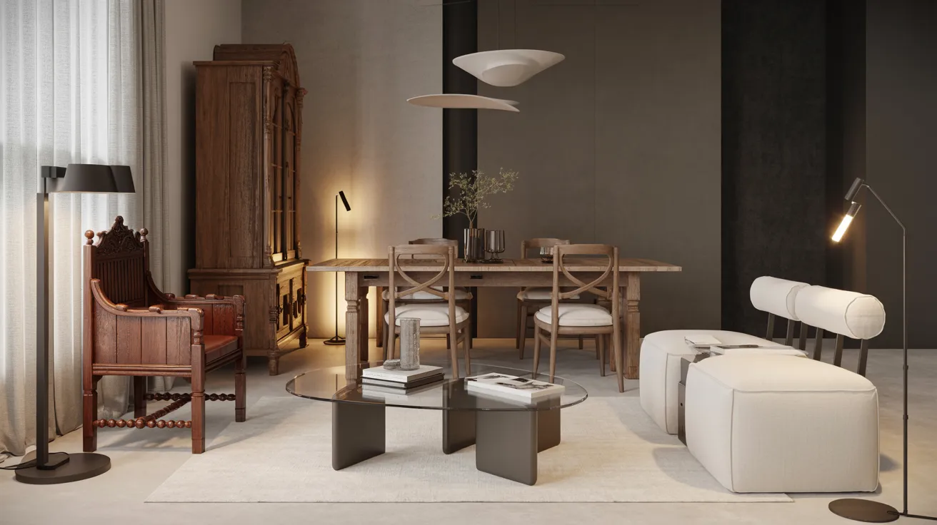 A cozy living room featuring a table, chairs, and a lamp, creating a warm and inviting atmosphere.