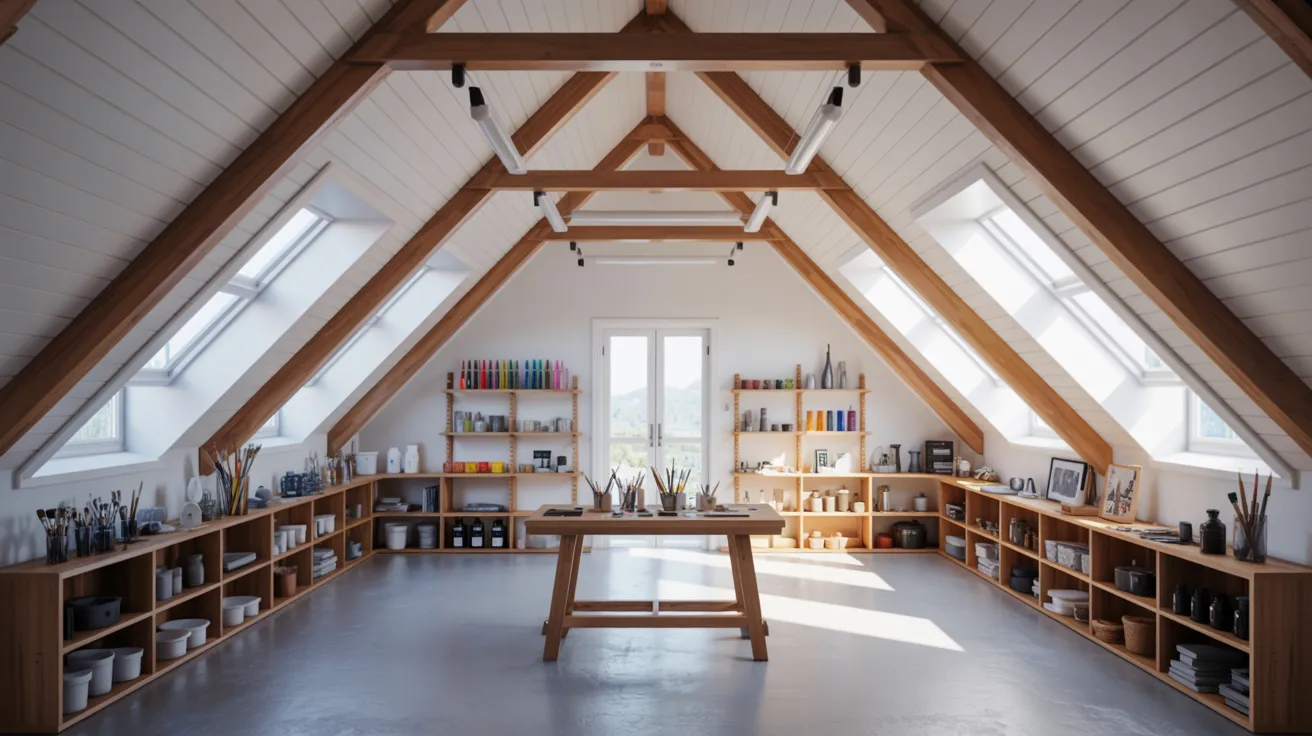 An attic filled with numerous shelves, each stacked high with a variety of books.