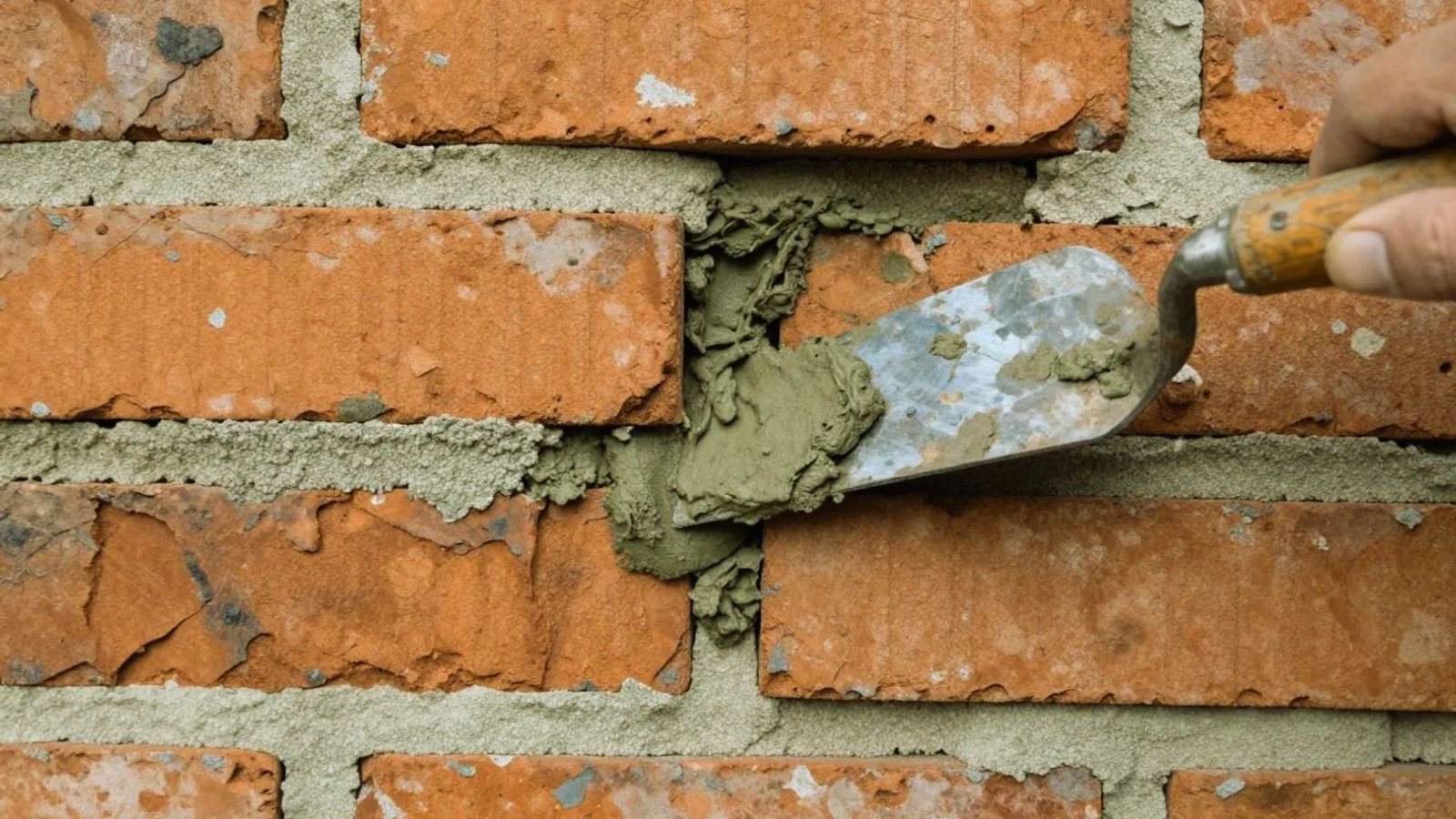 A person applies cement to a brick wall using a brick as a tool for spreading the material evenly.