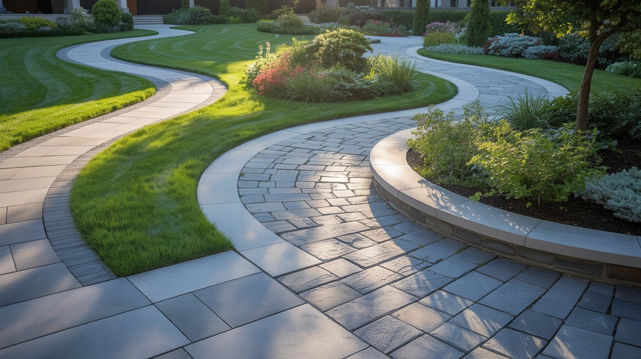 A serene walkway with a gentle curve, surrounded by vibrant grass, perfect for leisurely walks.