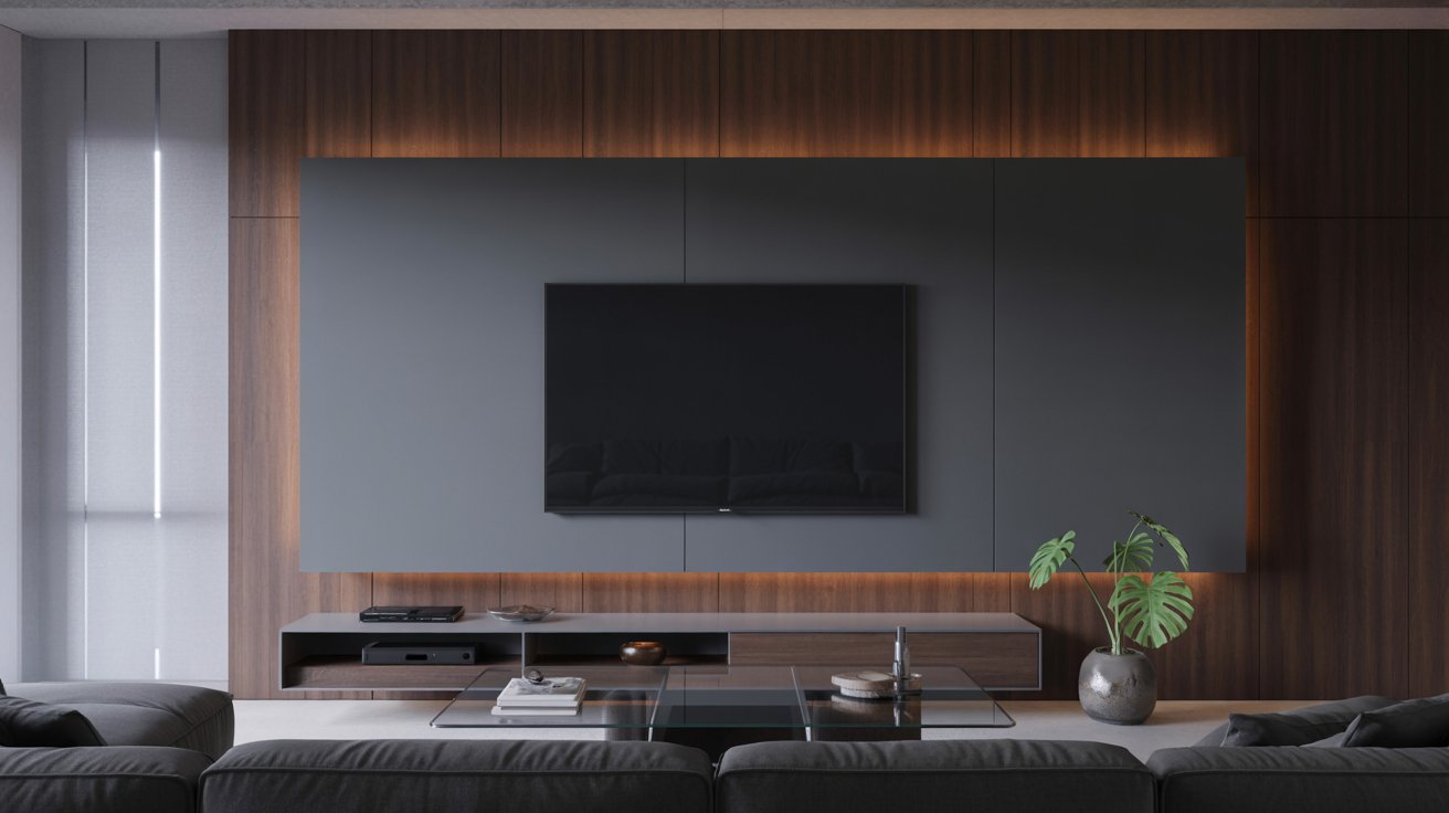 Modern living room featuring dark wood paneling and sleek contemporary furniture.