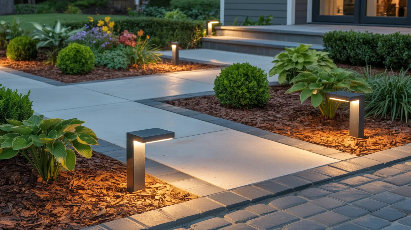 A modern garden featuring stylish landscaping and ambient lighting, creating a serene outdoor atmosphere.
