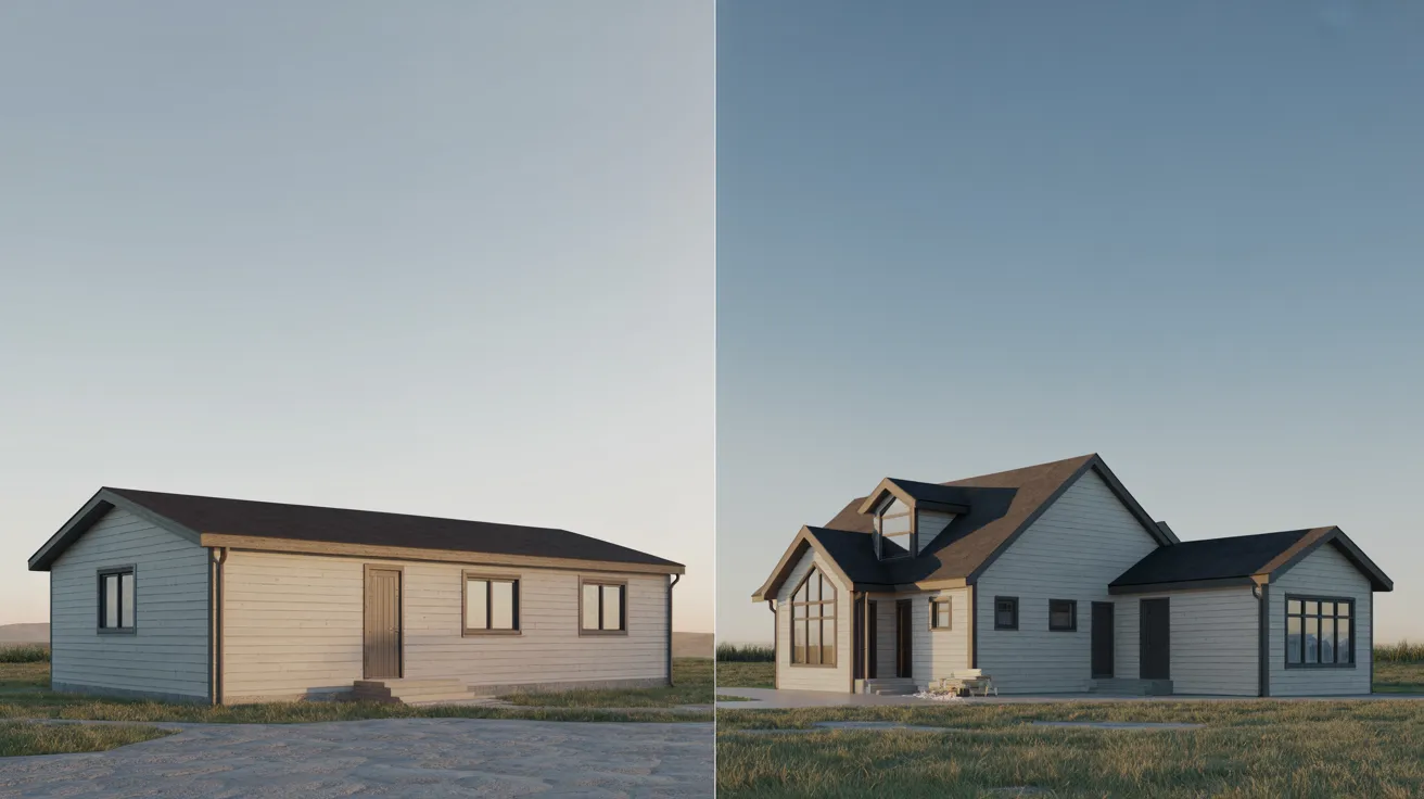 wo views of a small desert house, showcasing its unique architecture against a sandy landscape.
