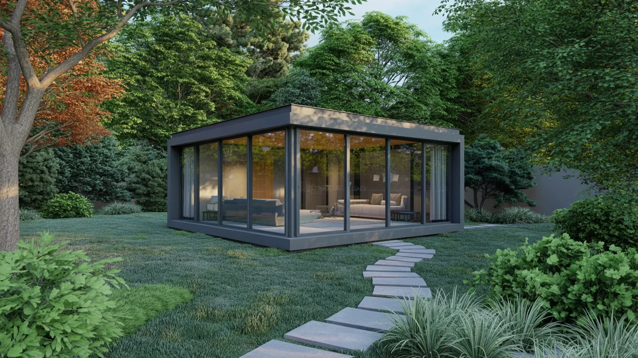 A modern garden house with a clear path leading up to it, surrounded by greenery and vibrant plants.