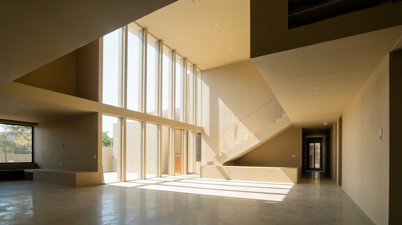 A spacious room featuring a large window and an elegant staircase, enhancing the room's natural light and openness.