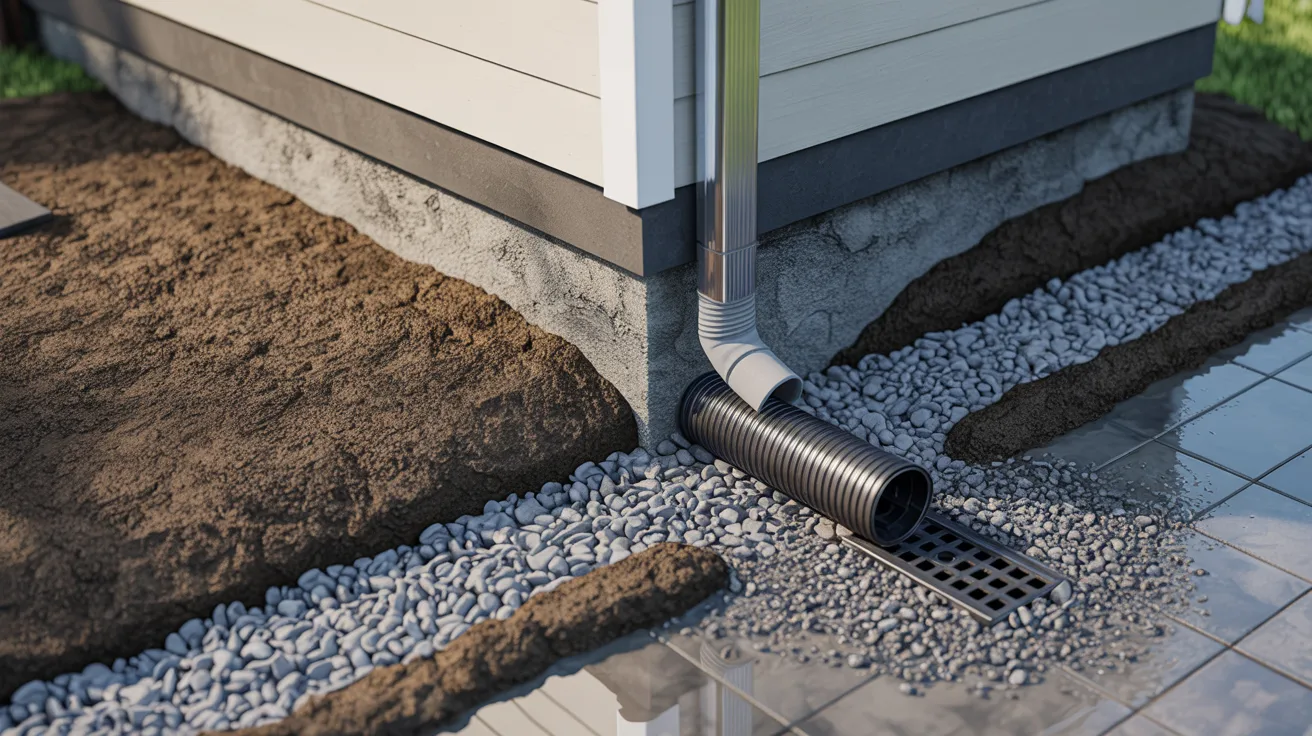 A drainage pipe is visibly connected to the side of a house, directing water away from the building's foundation.