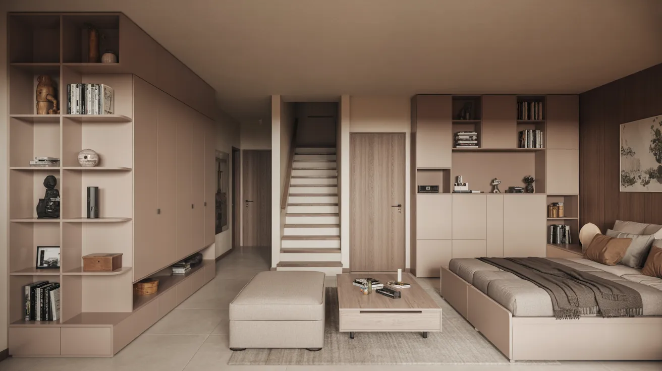  A modern bedroom featuring a bed, a sofa, and a staircase, showcasing contemporary design and spacious layout.