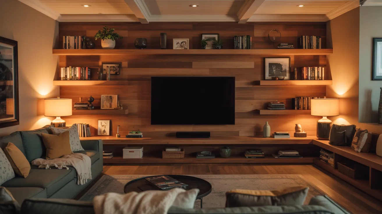 A living room scene showcasing a TV and well-stocked bookshelves against a warm backdrop.
