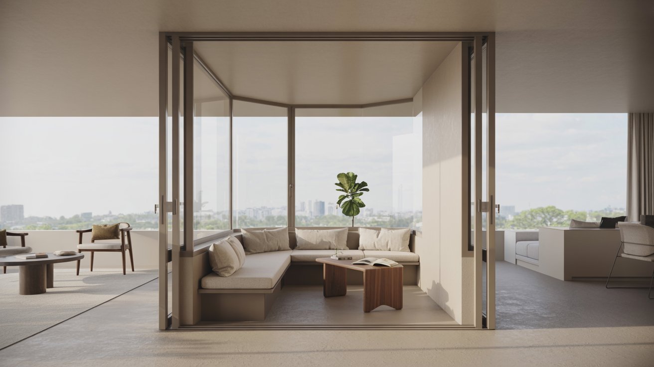 A modern apartment featuring a spacious glass wall that offers a view of the outdoors.