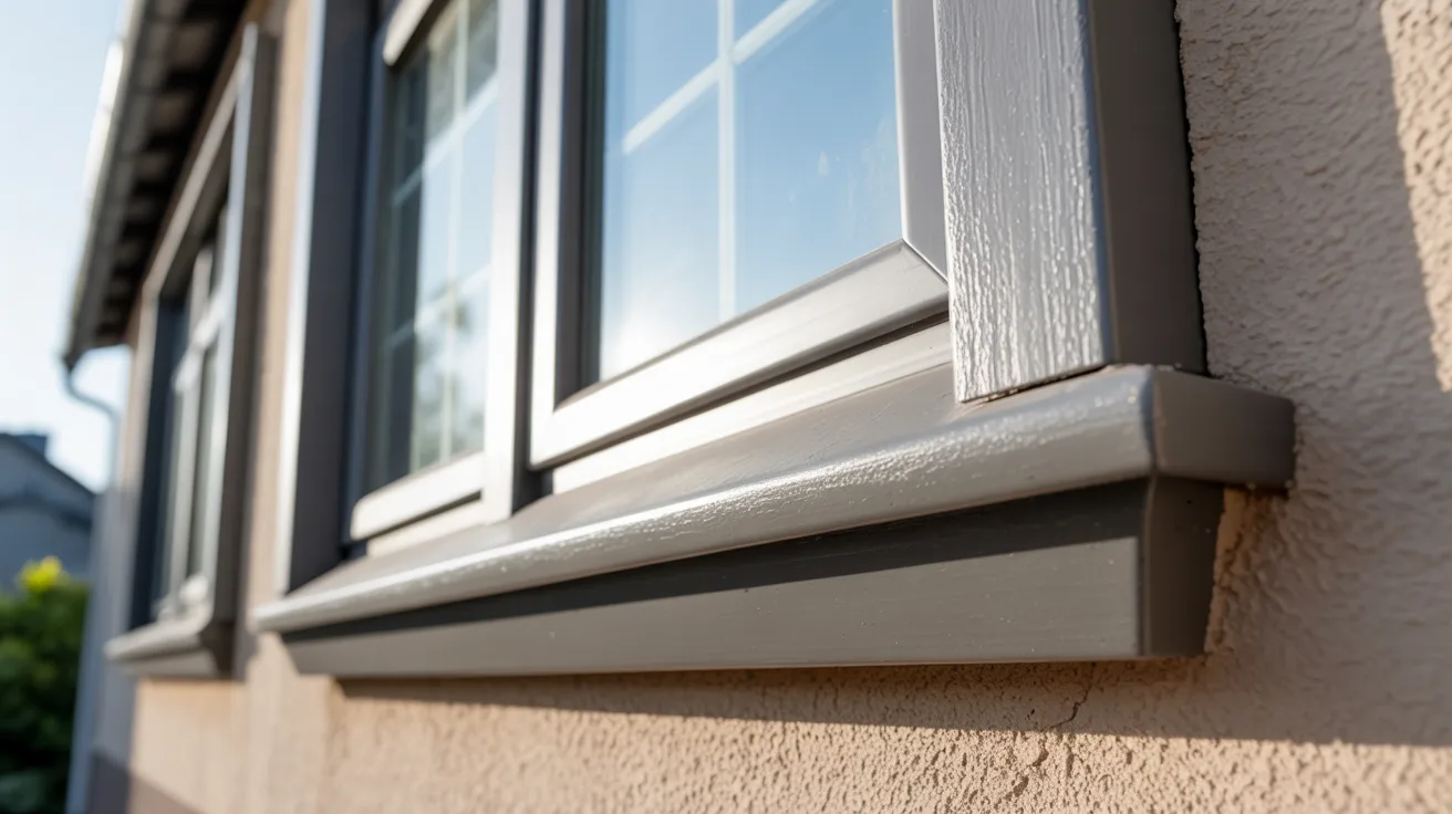 Close-up of a window featuring a gray trim, highlighting the details of the frame and surrounding area.