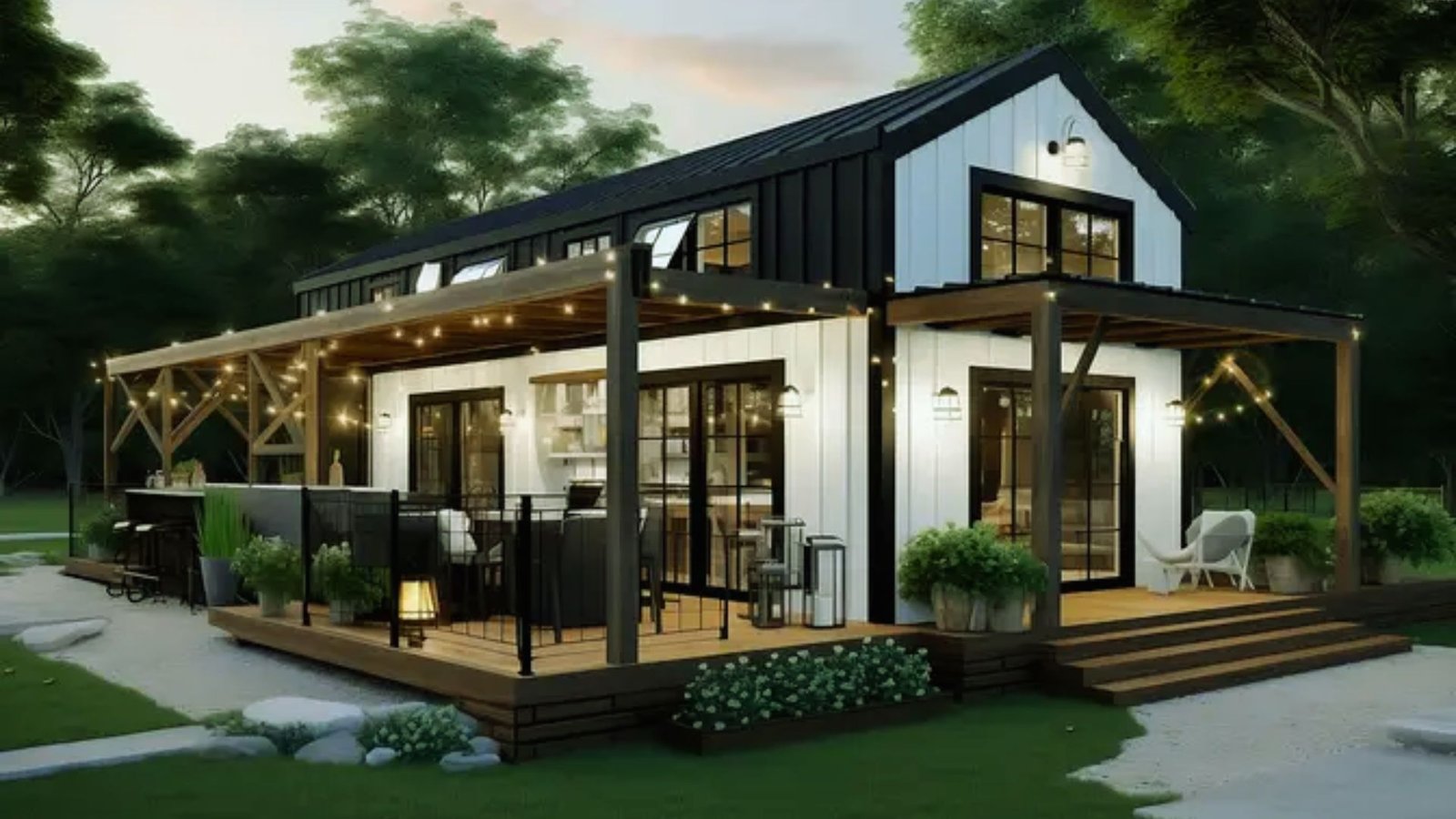  A small house featuring a deck and patio, surrounded by greenery and a clear blue sky.