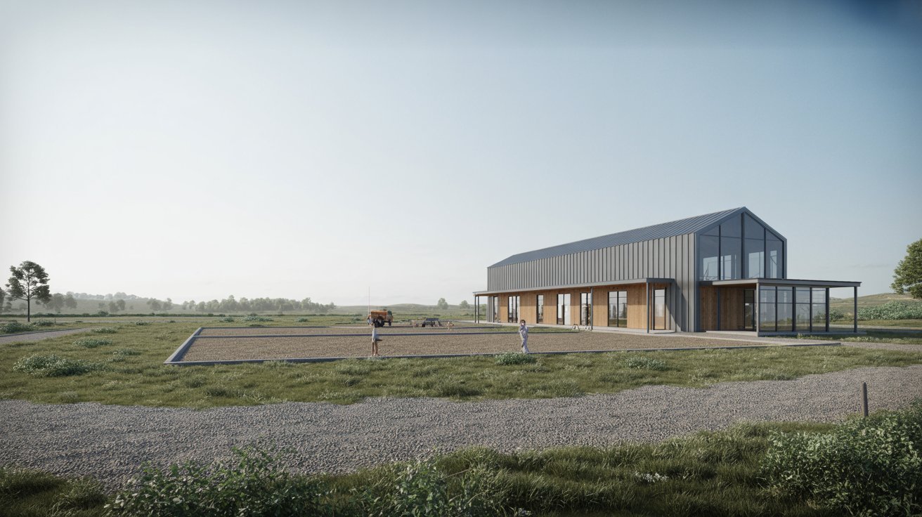 A stylish modern home is depicted amidst a sprawling field, surrounded by nature.