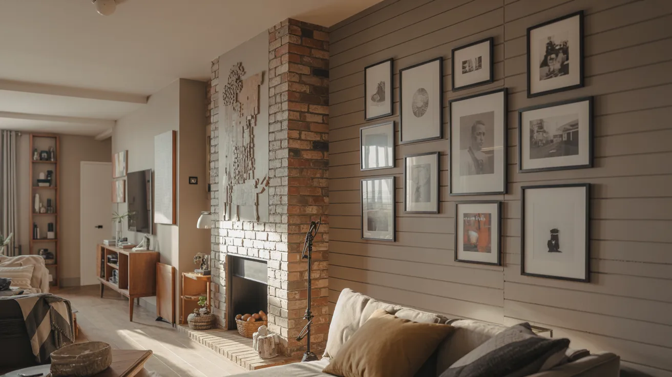 A stylish living room showcasing a fireplace and decorative pictures hanging on the walls.