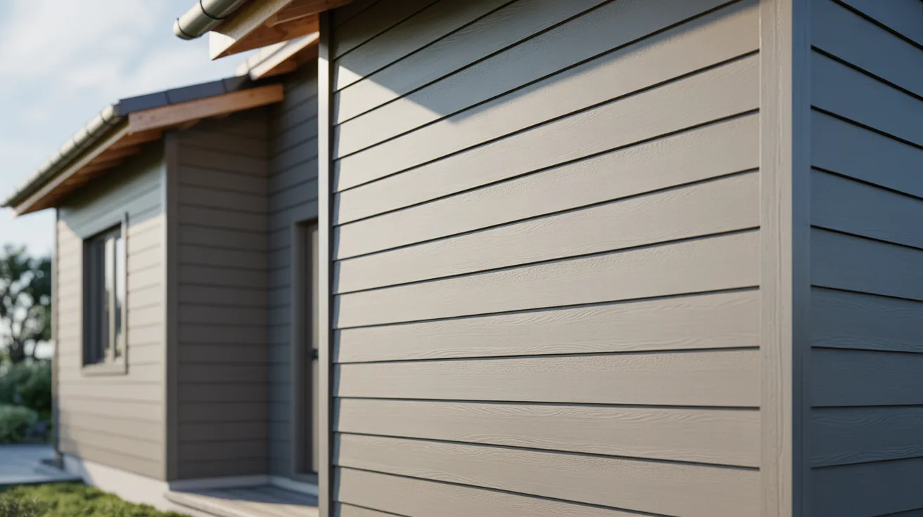  A residential house with gray siding and a prominent door, surrounded by greenery.
