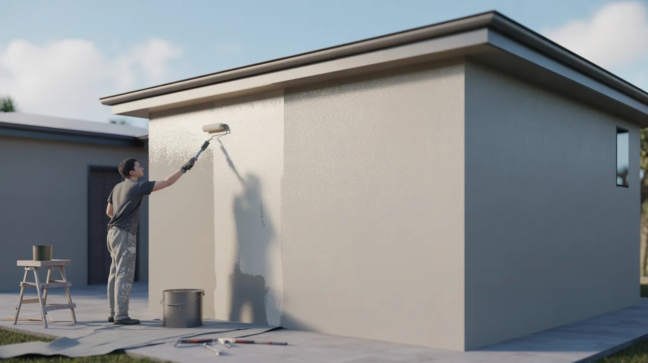 A man using a brush to paint the exterior of a house in a residential area.