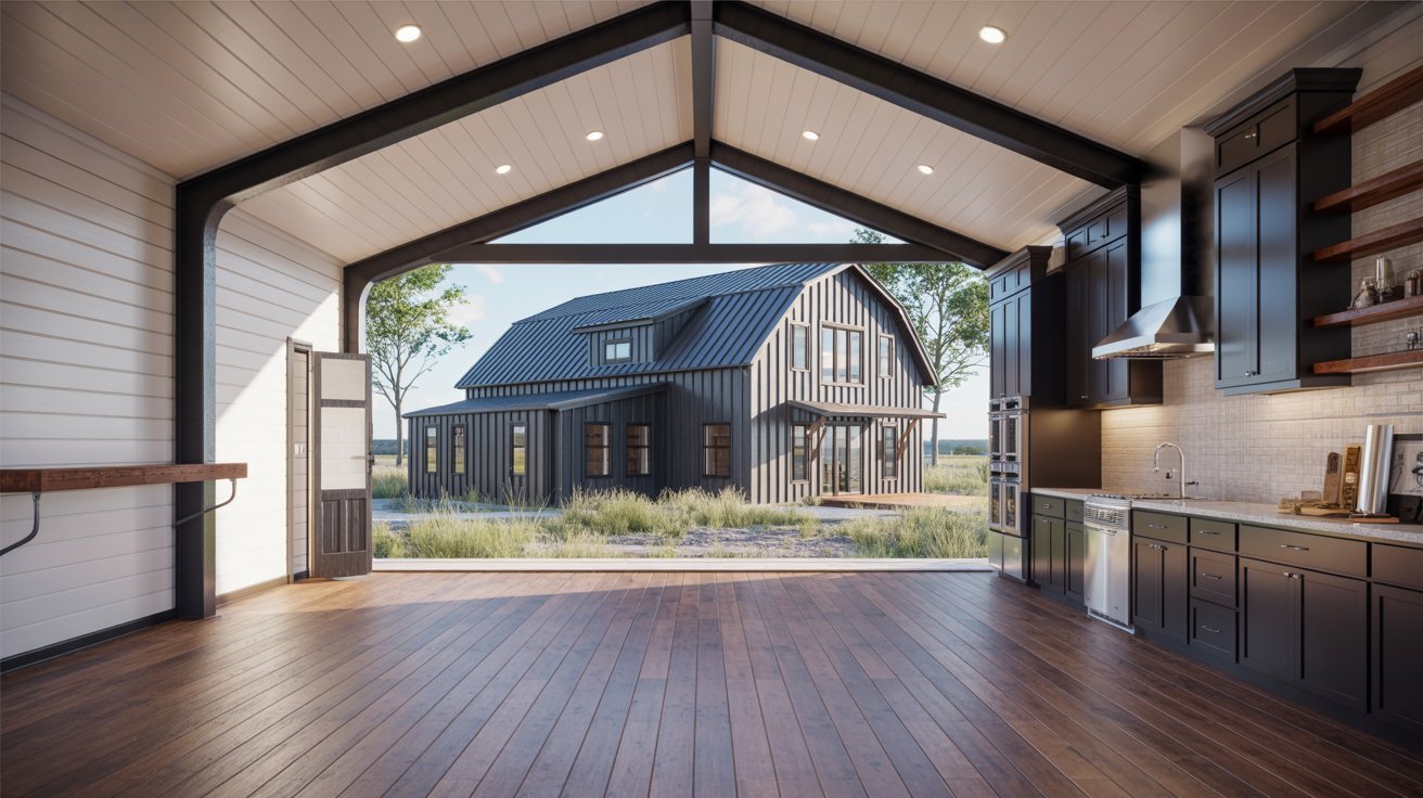 A modern barn interior featuring a spacious kitchen and living room with contemporary furnishings and natural light.