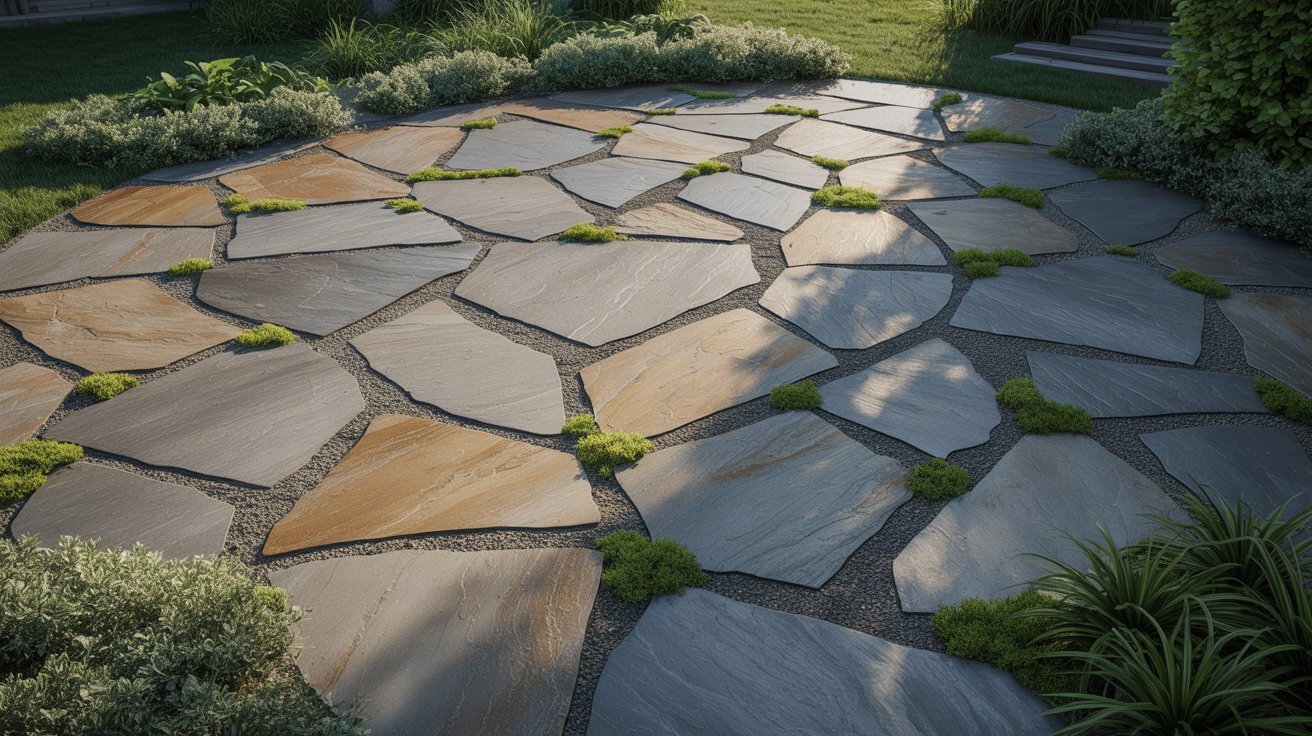  A circular stone patio featuring a detailed design, surrounded by greenery and sunlight.