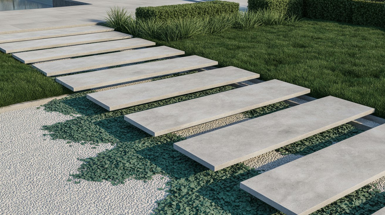 A concrete path extends towards a swimming pool, surrounded by greenery and outdoor seating.