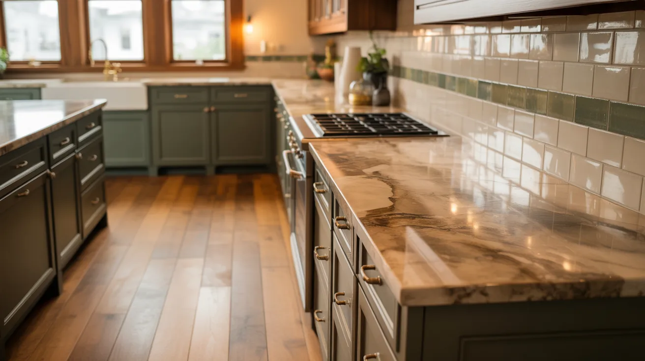 A modern kitchen featuring elegant marble countertops and warm wood floors.