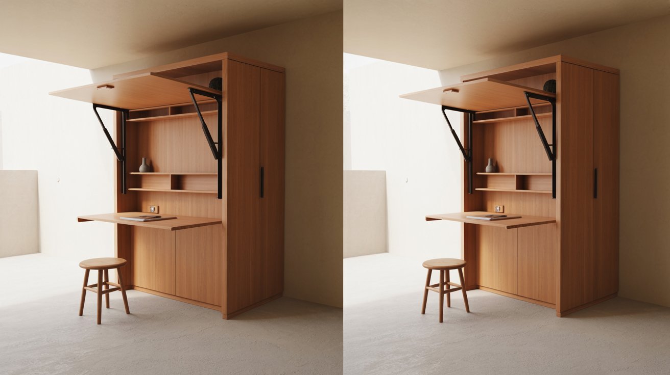 Two images showcasing a small desk and chair, highlighting their design and arrangement in a compact workspace.