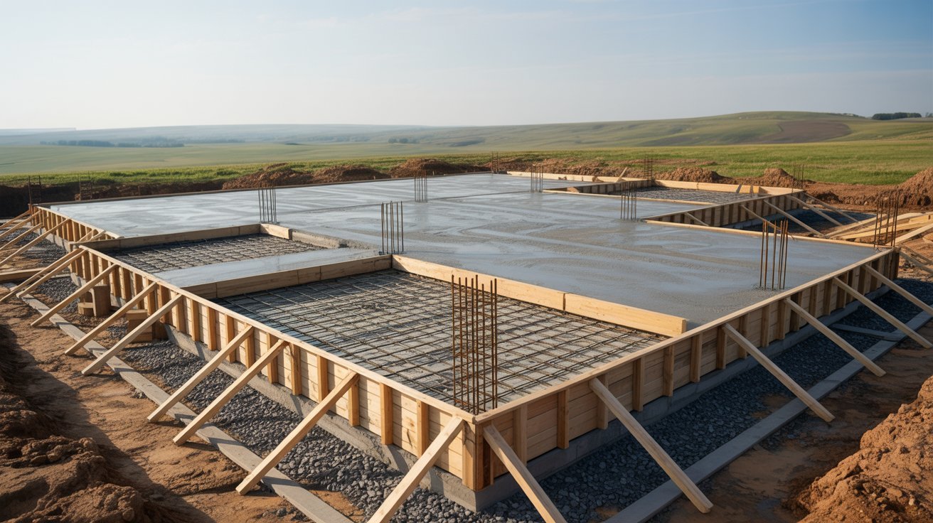 A concrete foundation is being poured into a field, with workers and equipment visible in the background.
