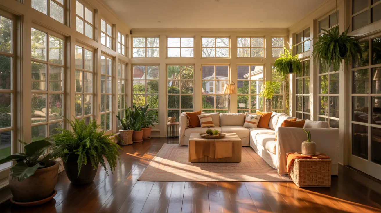 A bright sunroom filled with various plants and comfortable furniture, creating a cozy and inviting atmosphere.