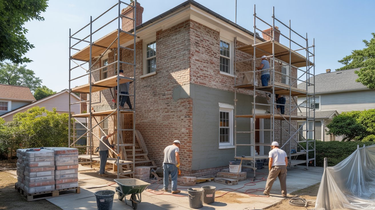 Two men working on a house at a construction site, surrounded by tools and building materials.