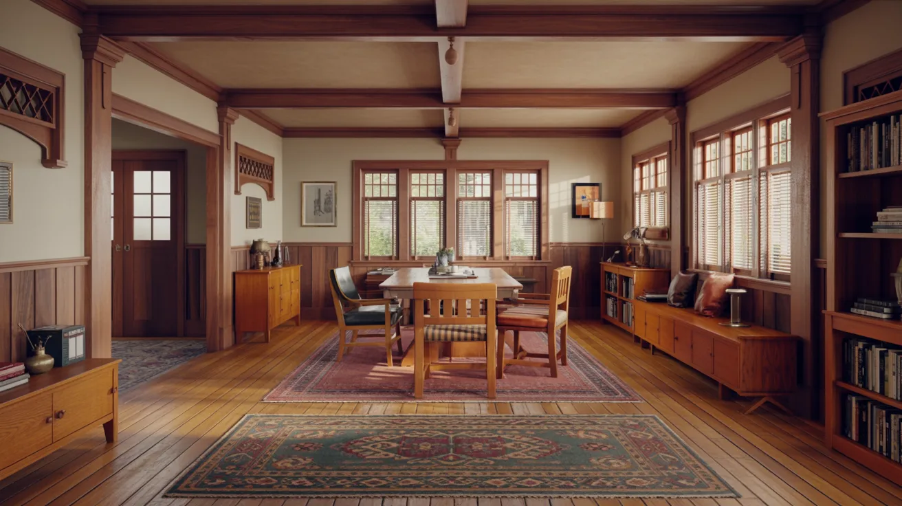 A dining room featuring wooden floors and a decorative rug, creating a warm and inviting atmosphere.
