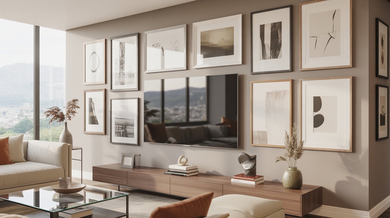  A cozy living room featuring a large picture wall and a comfortable couch, creating an inviting atmosphere.
