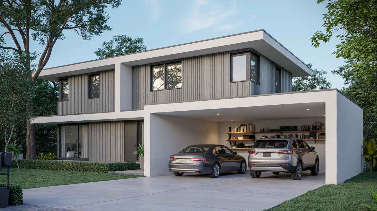 A modern house with a sleek design and two cars parked in front on a clear day.