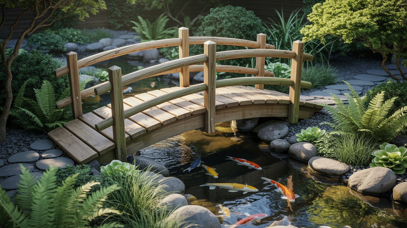 A wooden bridge spans a serene pond filled with colorful koi fish swimming beneath the surface.