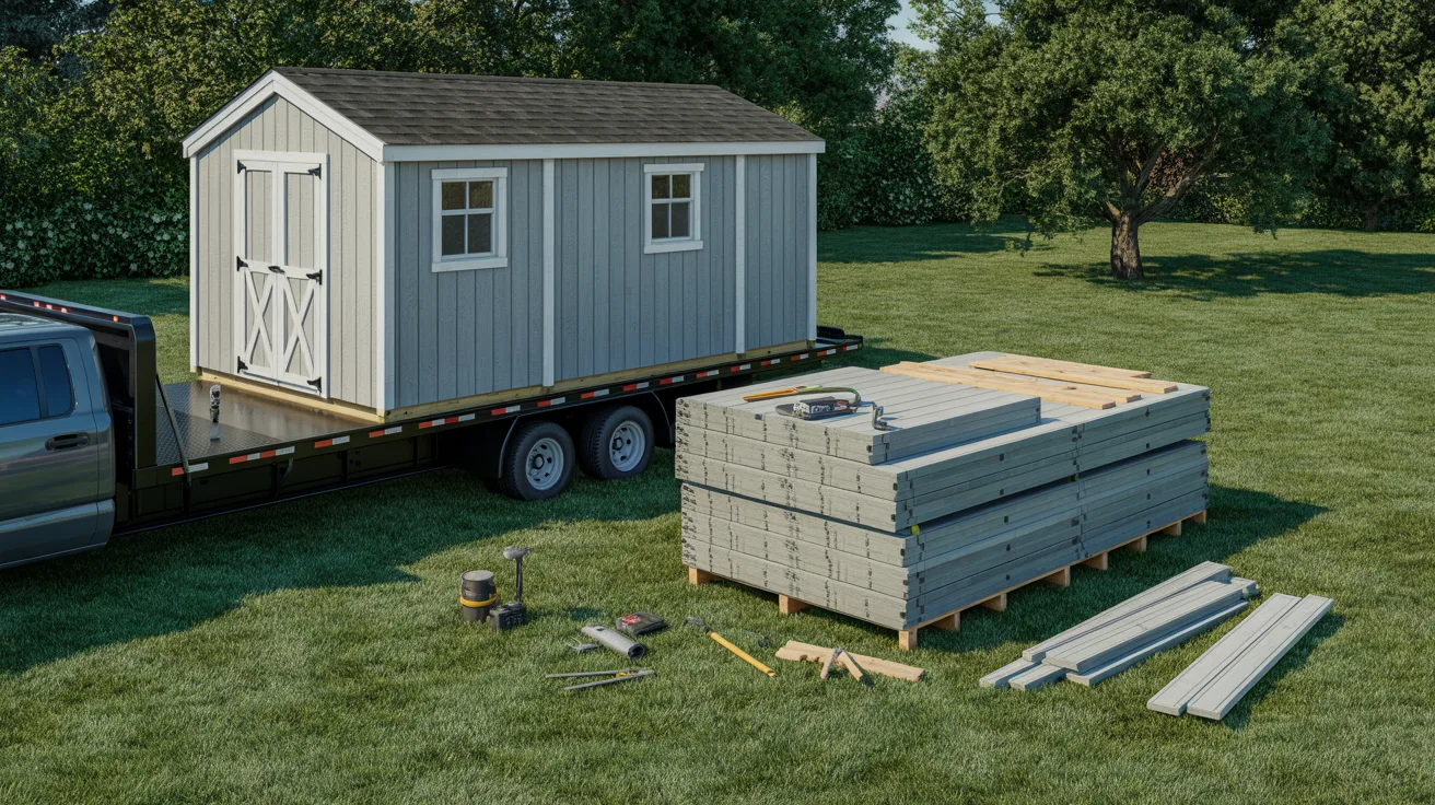 A truck towing a small shed on a trailer along a rural road.