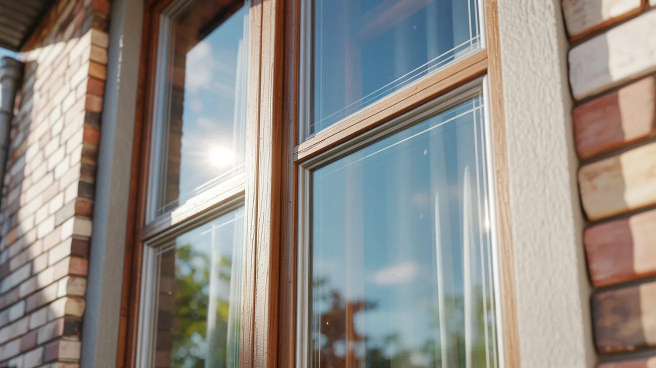 Close-up of a window framed by a textured brick wall, highlighting the contrast between the glass and masonry.
