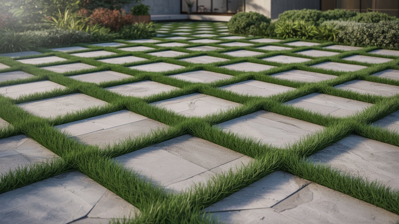  A green field displaying a geometric square pattern on the grass.