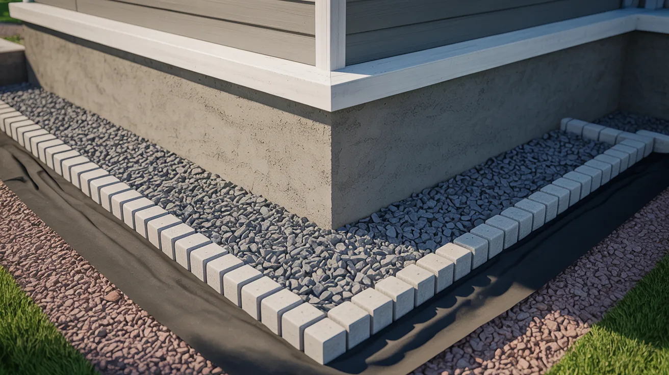 A concrete block wall stands beside a bed of gravel, showcasing a textured surface and natural stone elements.