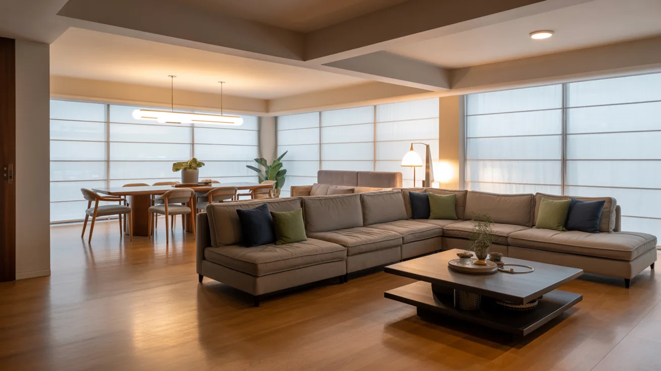A cozy living room featuring a couch, coffee table, and dining table arranged for comfort and socializing.