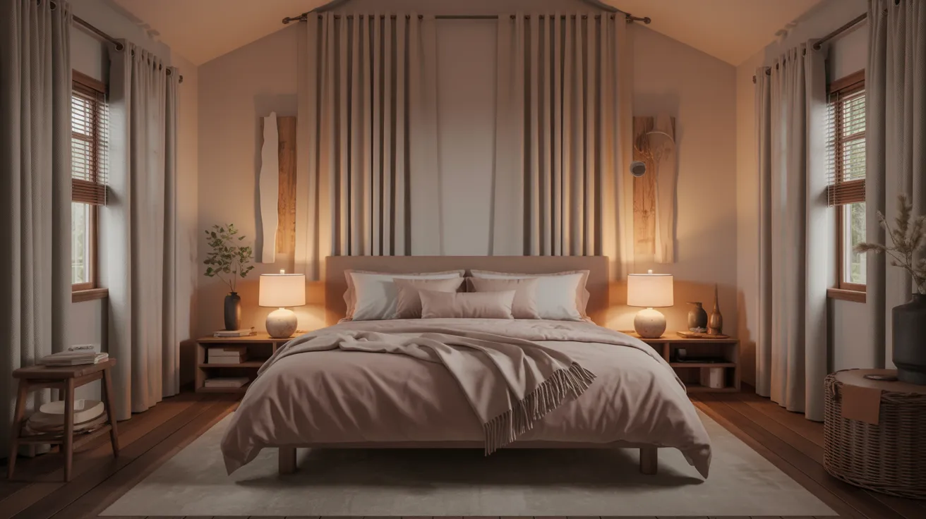 A cozy bedroom with neutral tones features a neatly made bed, two glowing bedside lamps, wooden nightstands, and large windows with curtains, exuding warmth.