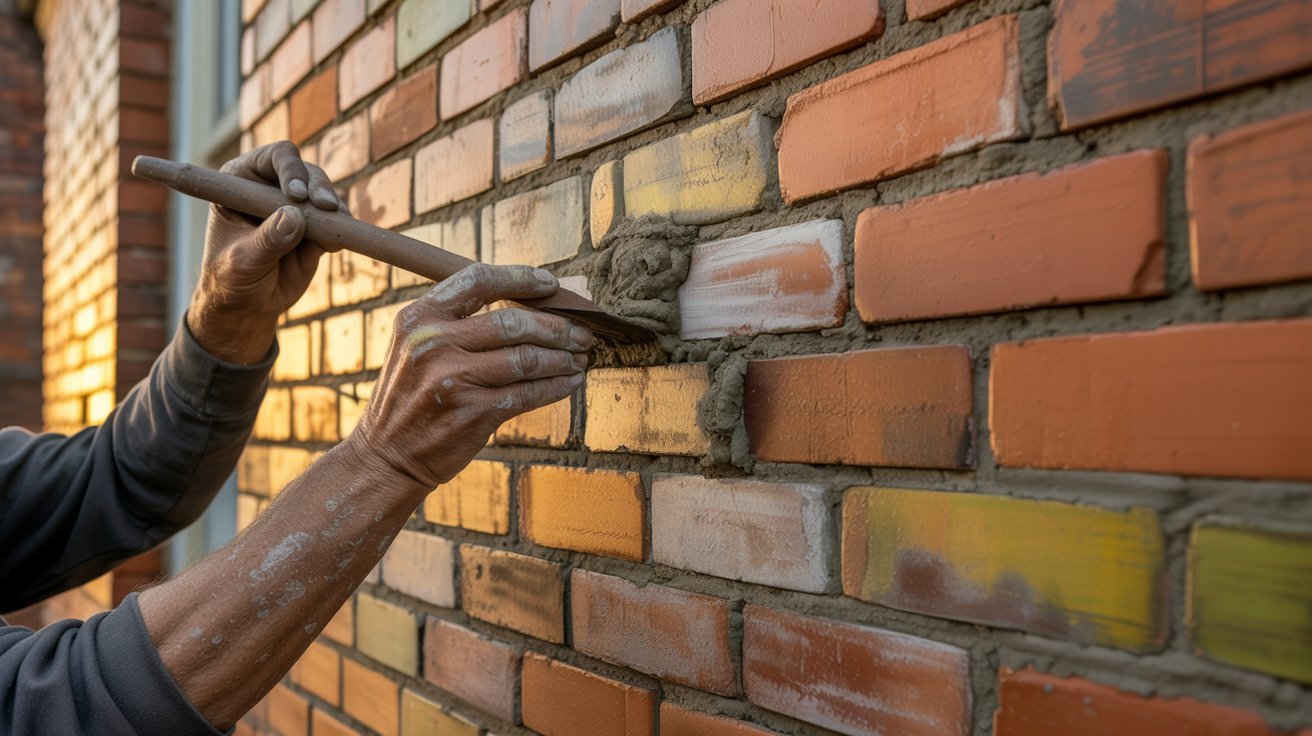 A man is engaged in painting a brick wall, carefully covering the surface with vibrant color.
