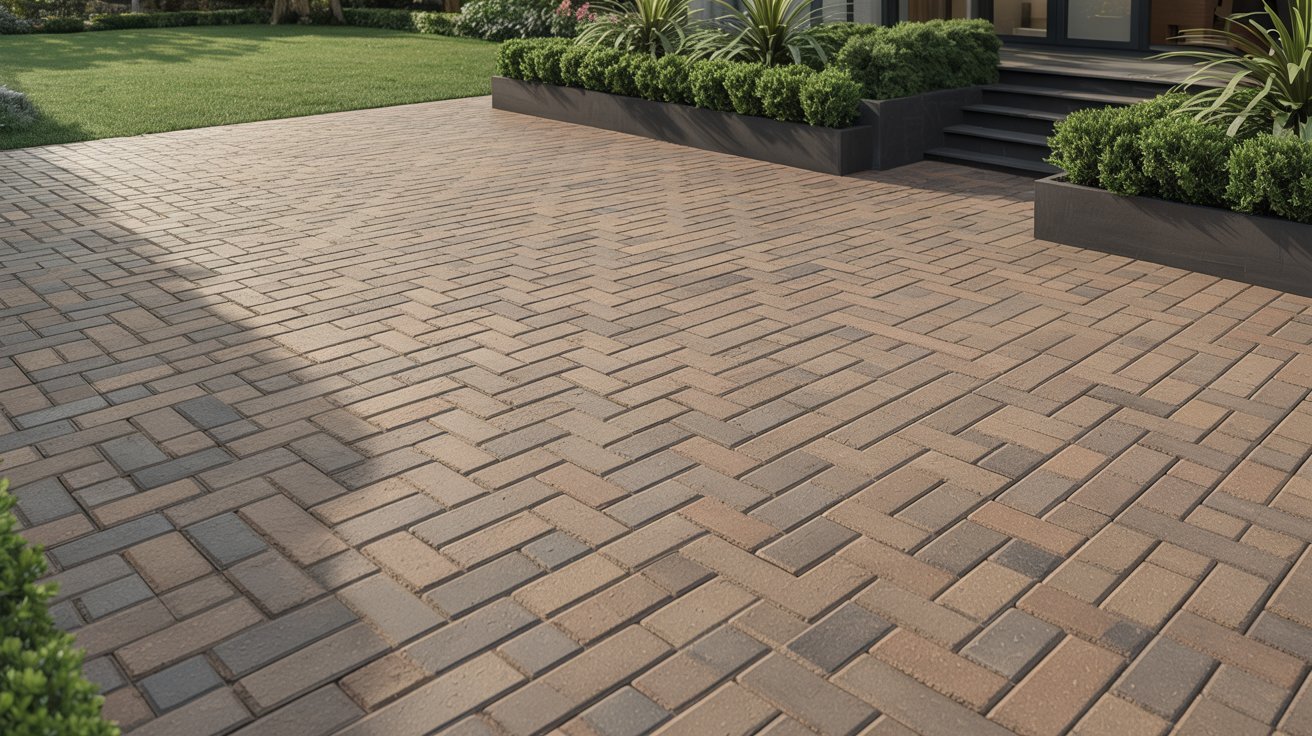 A brick patio surrounded by various plants and shrubs, creating a lush outdoor space.
