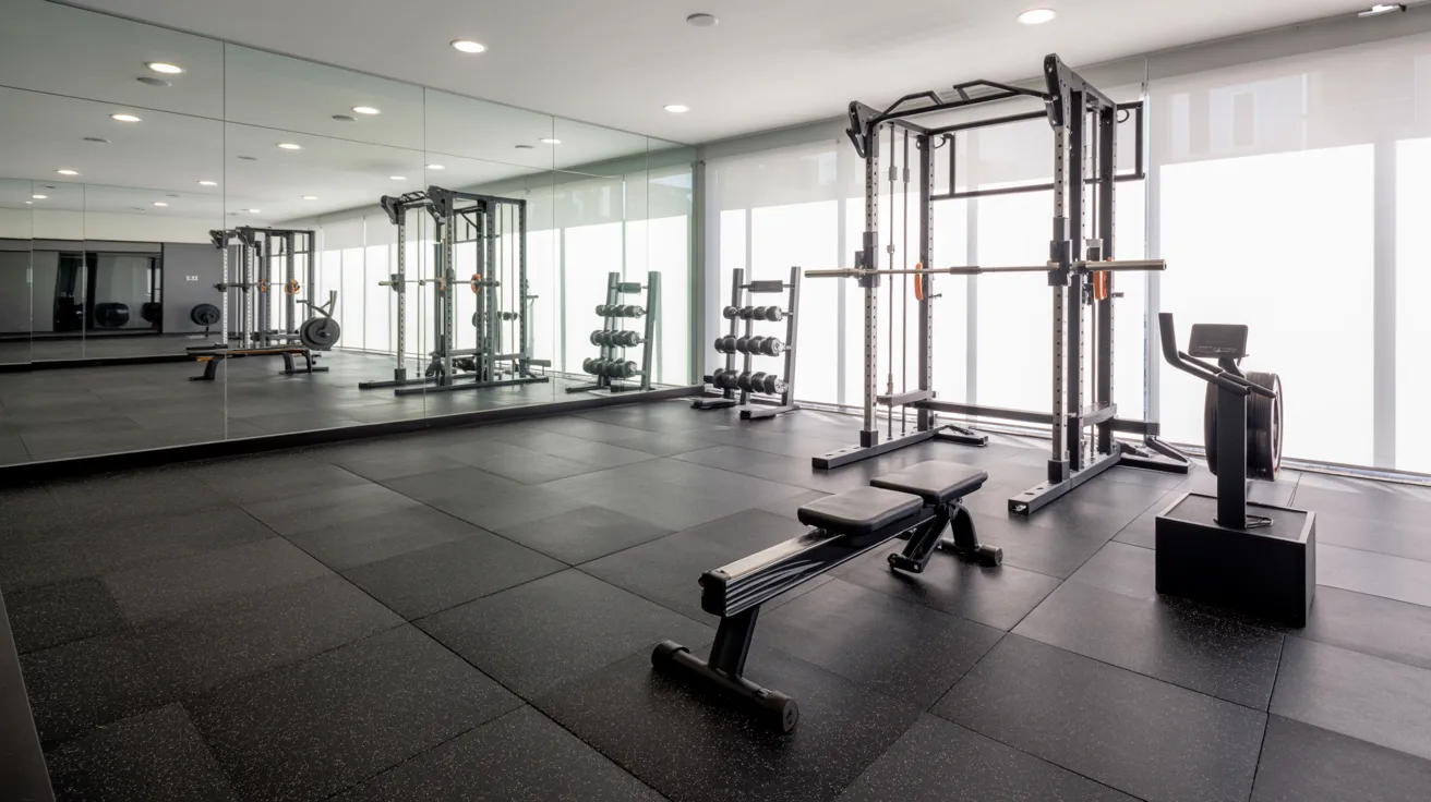 A gym room featuring mirrors and various fitness equipment arranged for workouts.