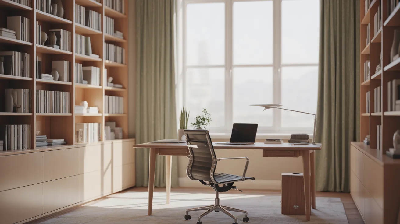 A home office featuring a desk and bookshelves filled with books, creating a cozy and organized workspace.