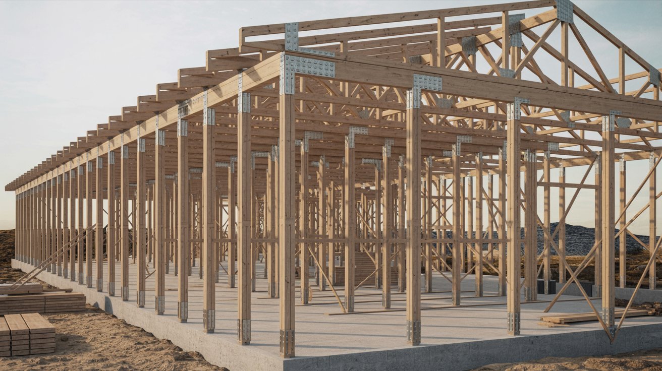 Wooden frame construction in progress for a new building, showcasing workers and materials on-site.